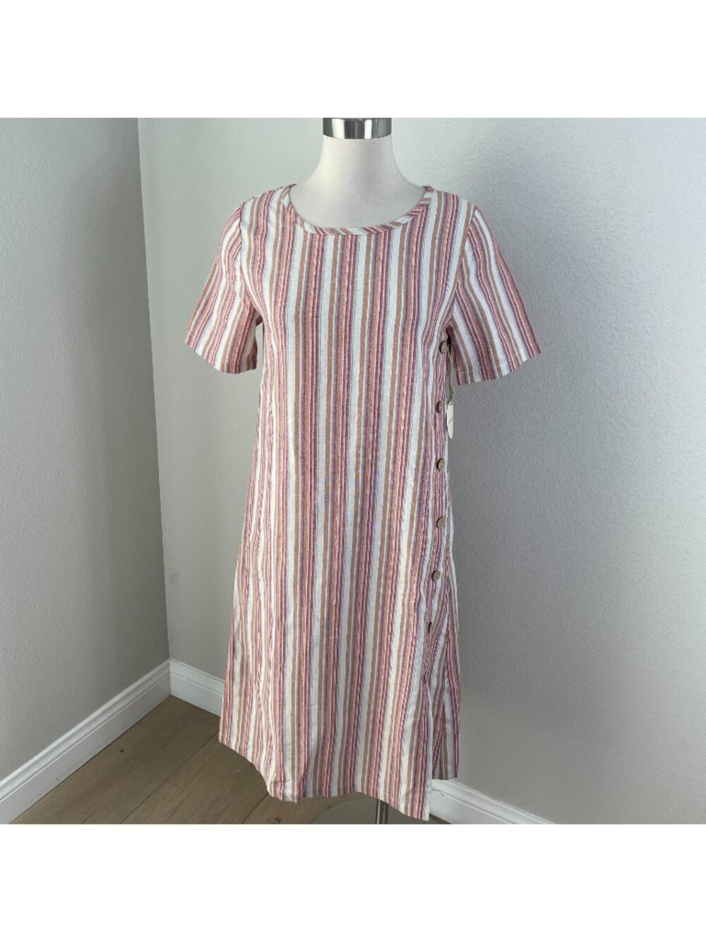 New Pando Grove Womens Small Cotton Linen Stripe Dress Button Accent Short Sleev